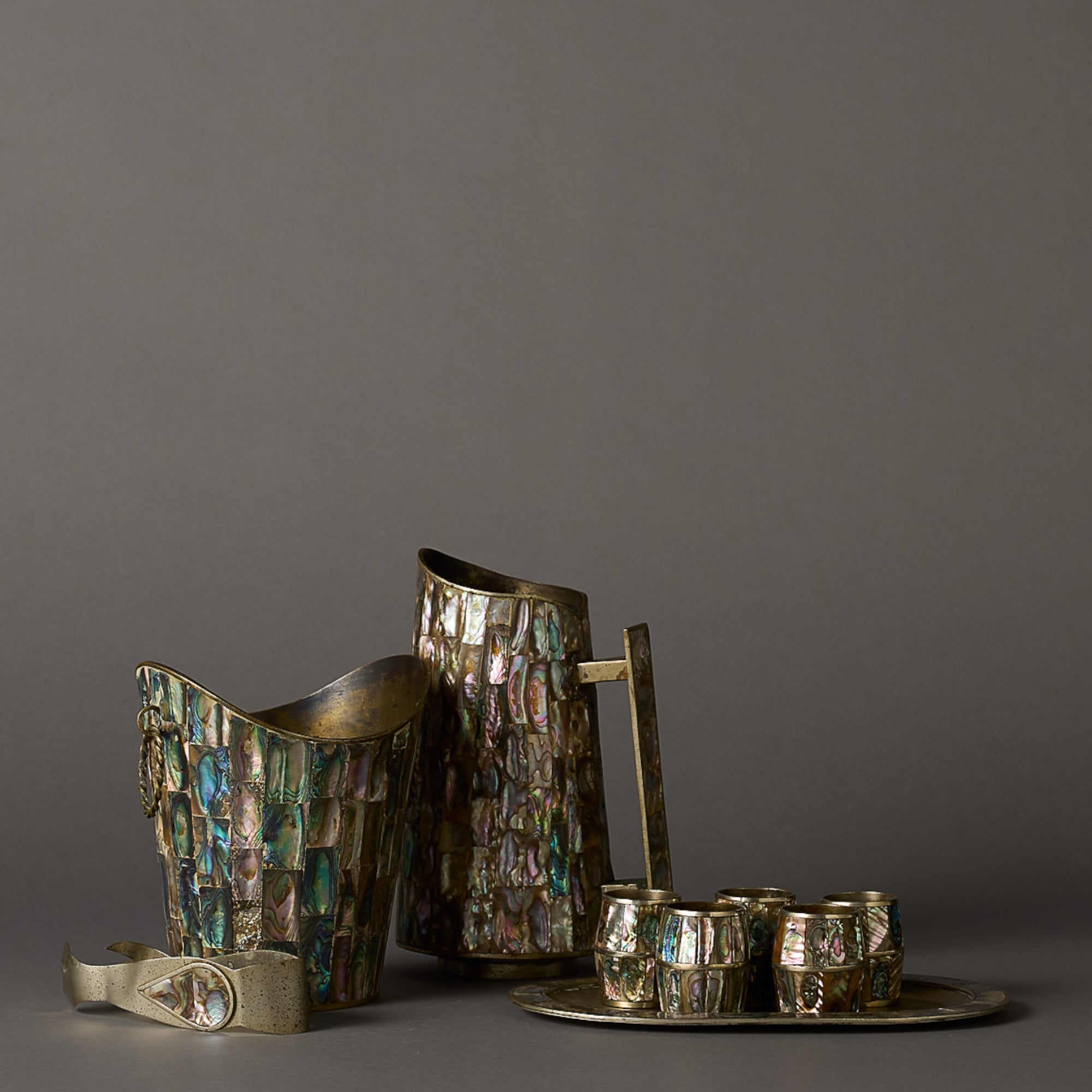 Vintage Alpaca Silver & Abalone Bar Set