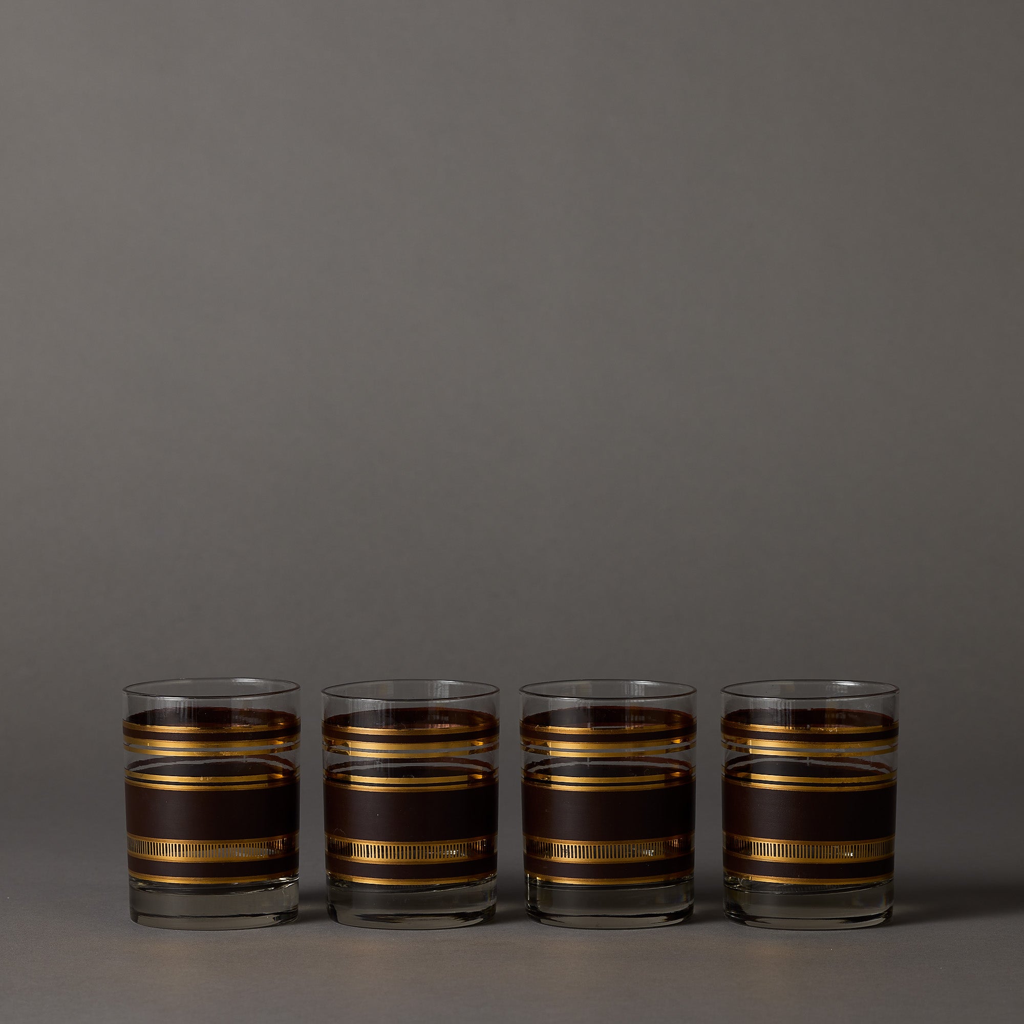Vintage Brown and Gold Stripe Rocks Glasses | Set of 4