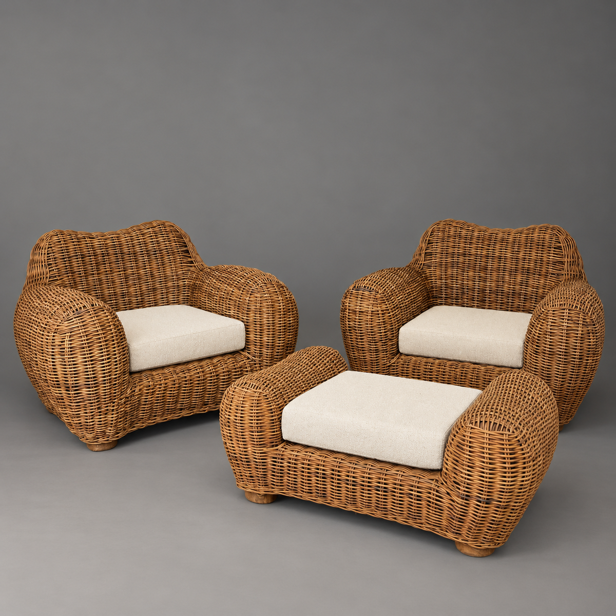 Vintage Italian Wicker Chairs and Ottoman | Set